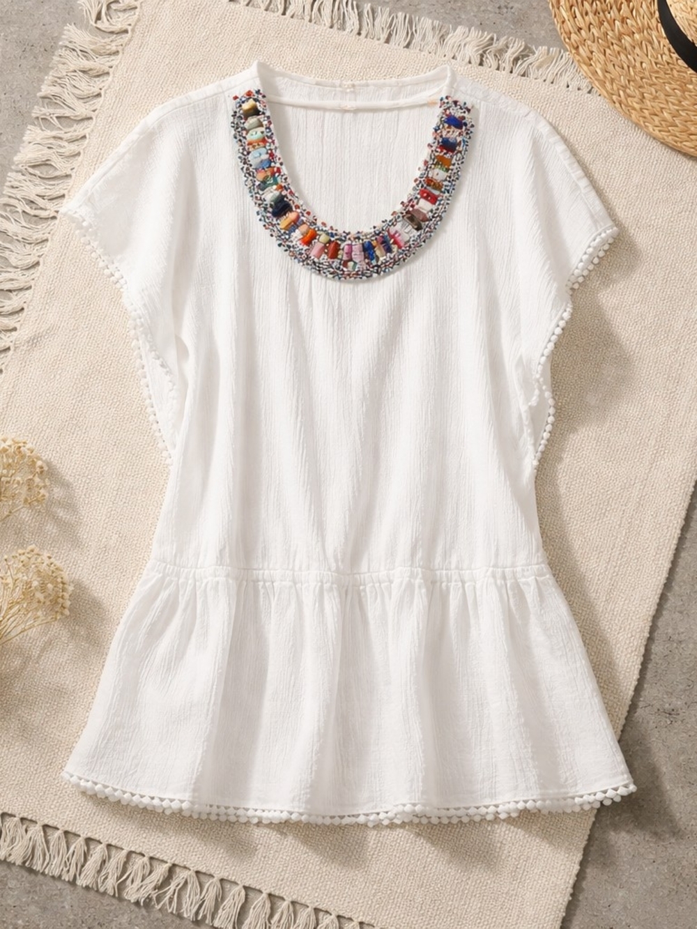 New York Collection White Embellished Peplum Top XL Never Worn